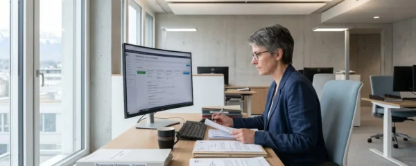 Responsable administratif français consultant des documents de dématérialisation sur ordinateur dans bureau contemporain épuré