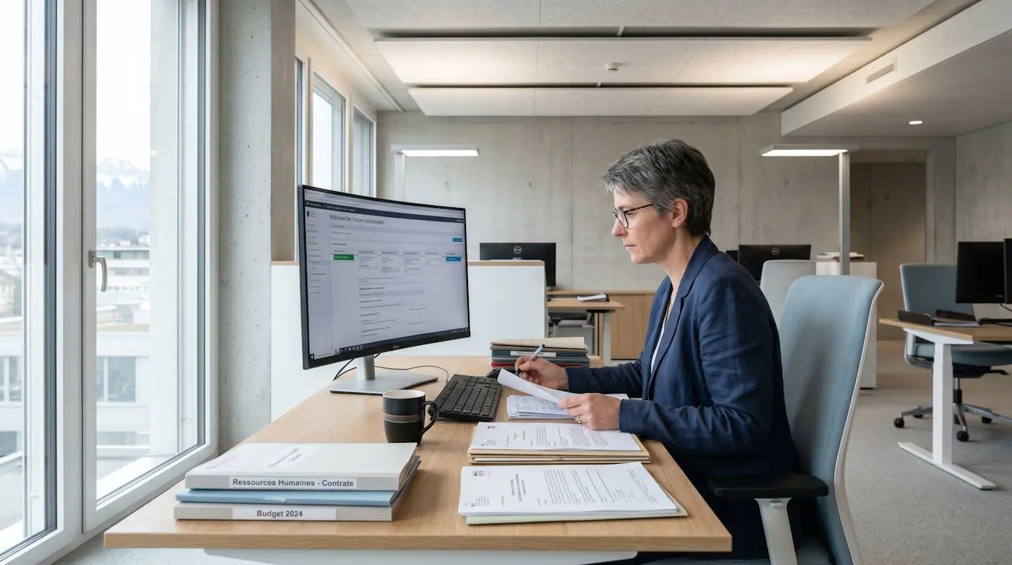 Responsable administratif français consultant des documents de dématérialisation sur ordinateur dans bureau contemporain épuré