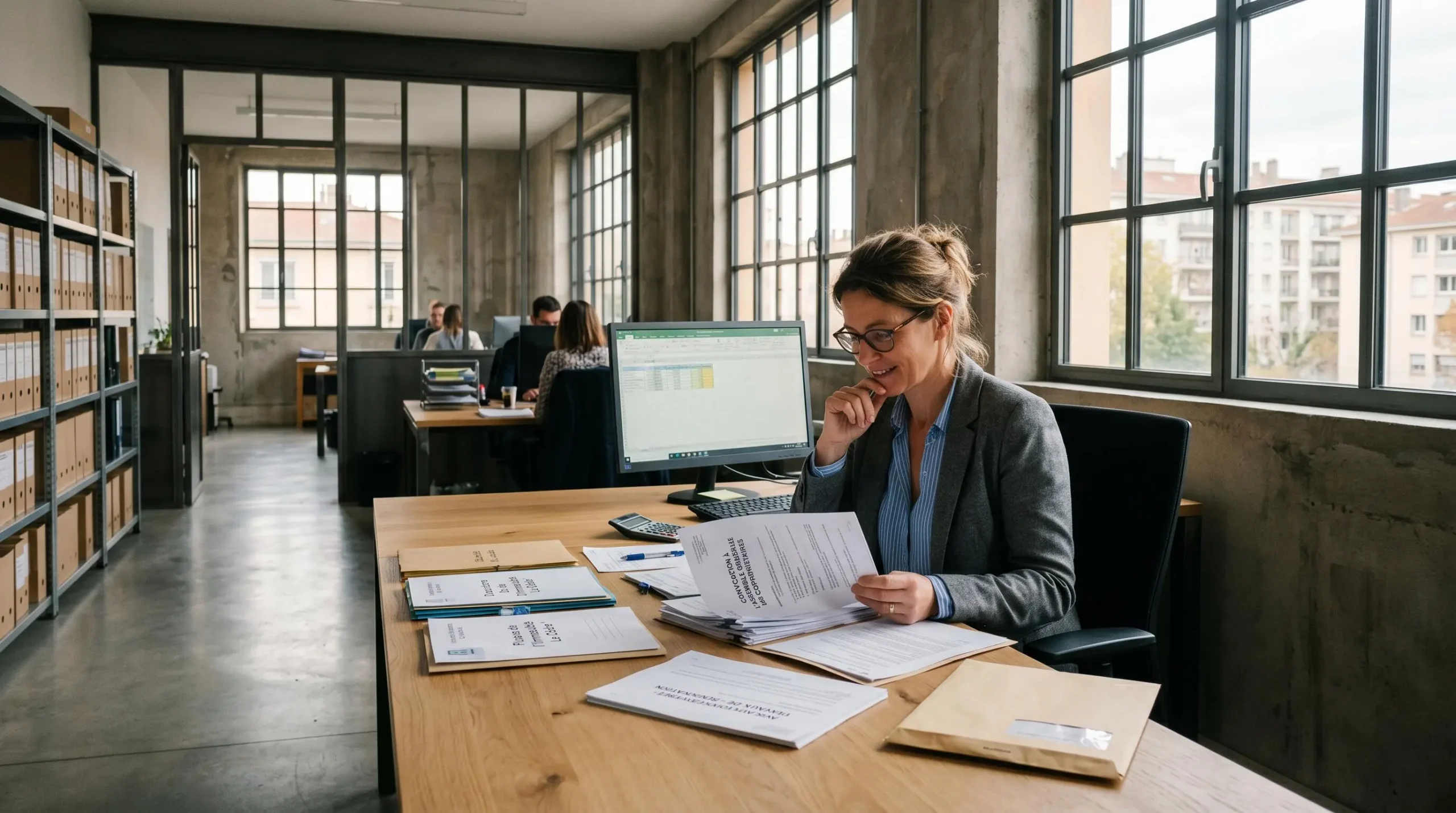 Syndic de copropriété français gérant convocations et notifications administratives dans bureau d'agence immobilière contemporain